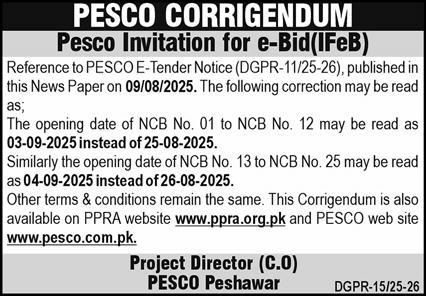 PESCO Peshawar Tender Notice